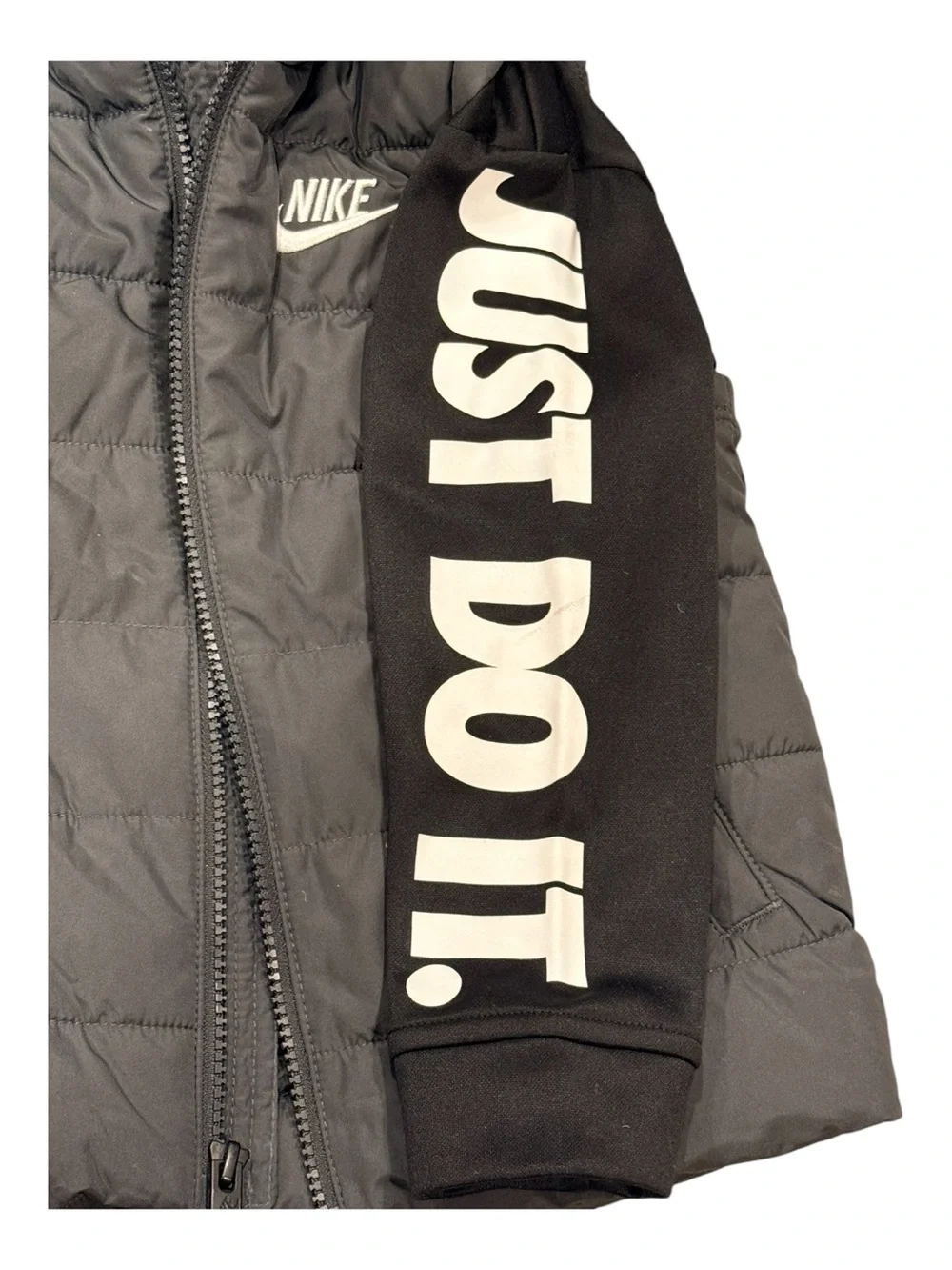 Nike Boys Puffer Vest Hoodie Just Do It Logo Sleeve Gray Size XS 4